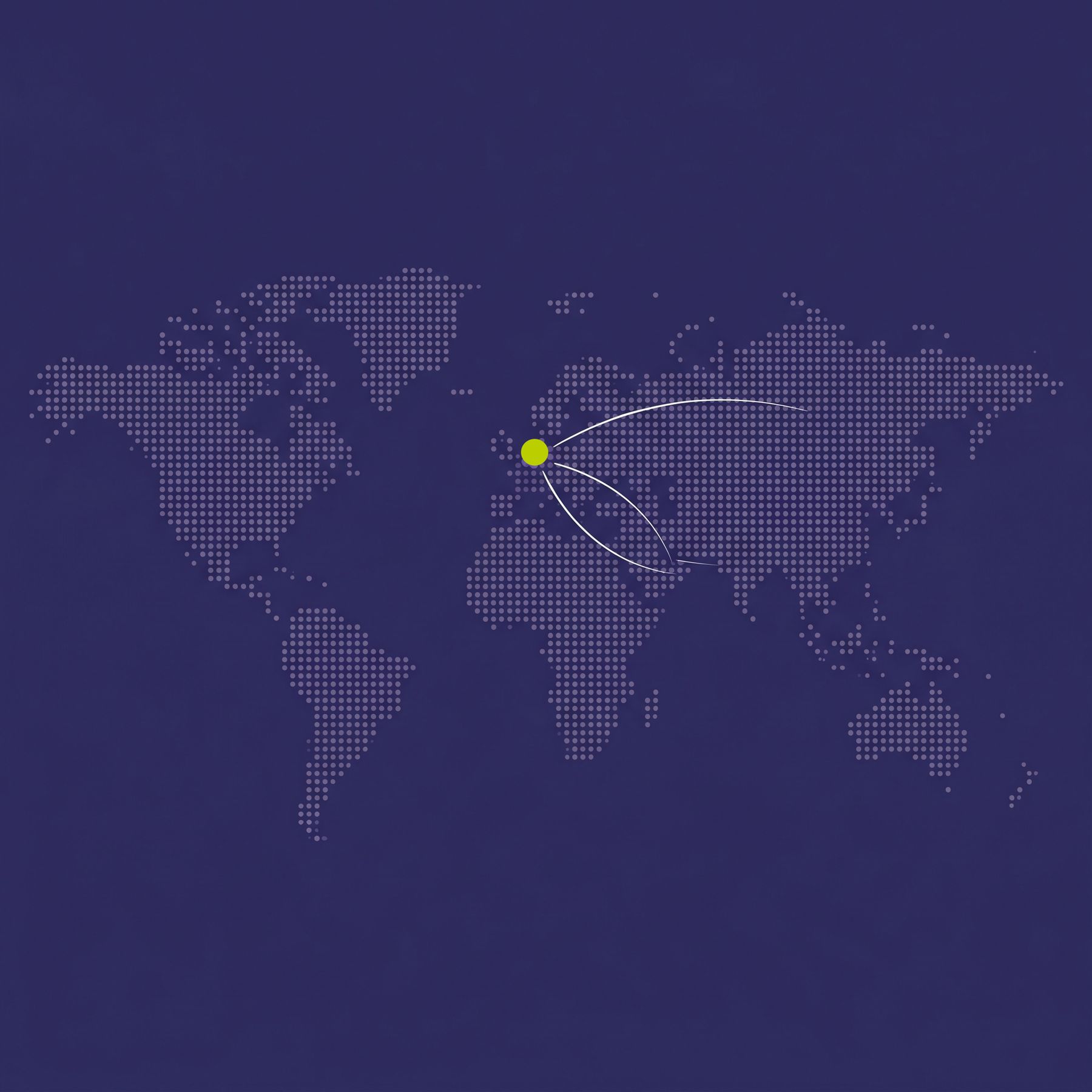 Dotted world map with Almelo highlighted — local ambition, European scale